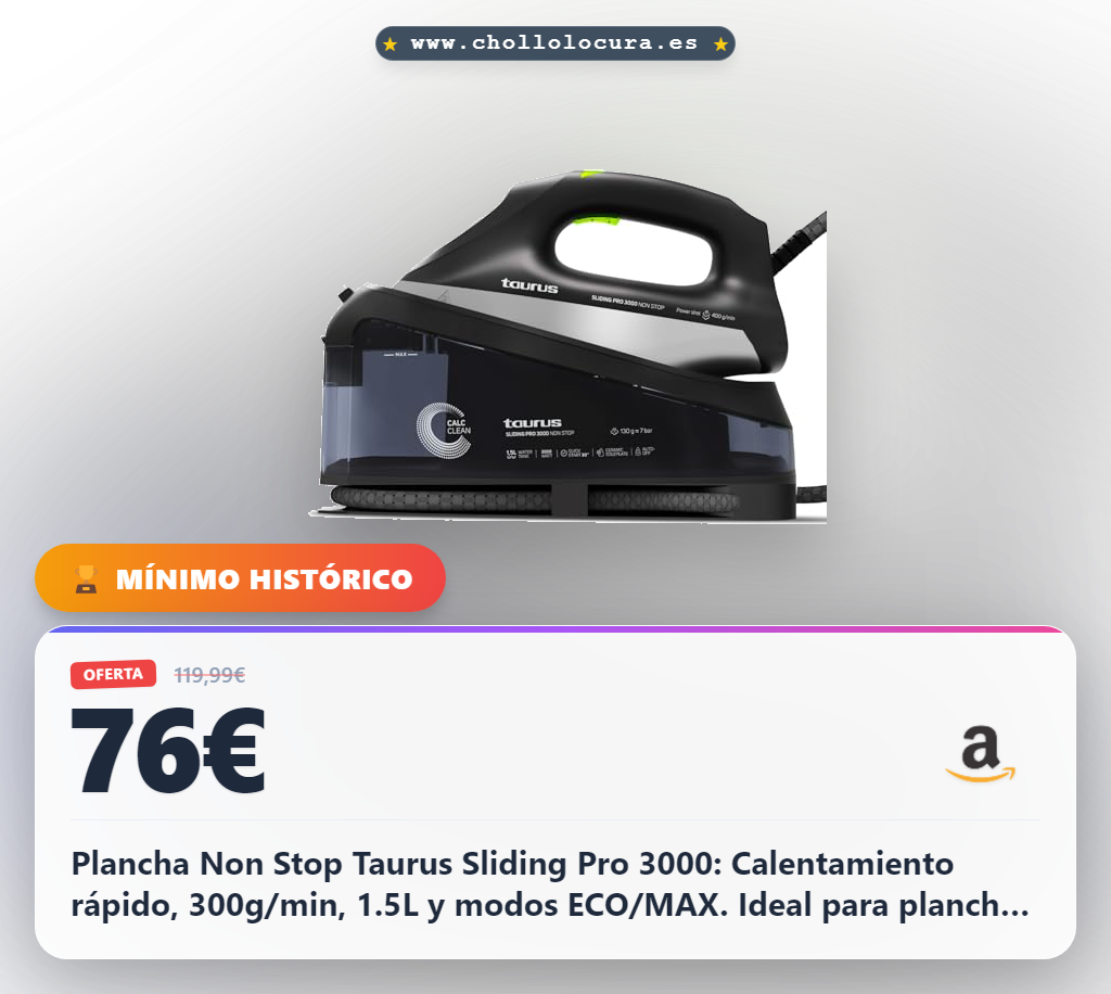 Plancha Non Stop Taurus Sliding Pro 3000: Calentamiento rápido, 300g/min, depósito 1.5L, modo ECO/MAX