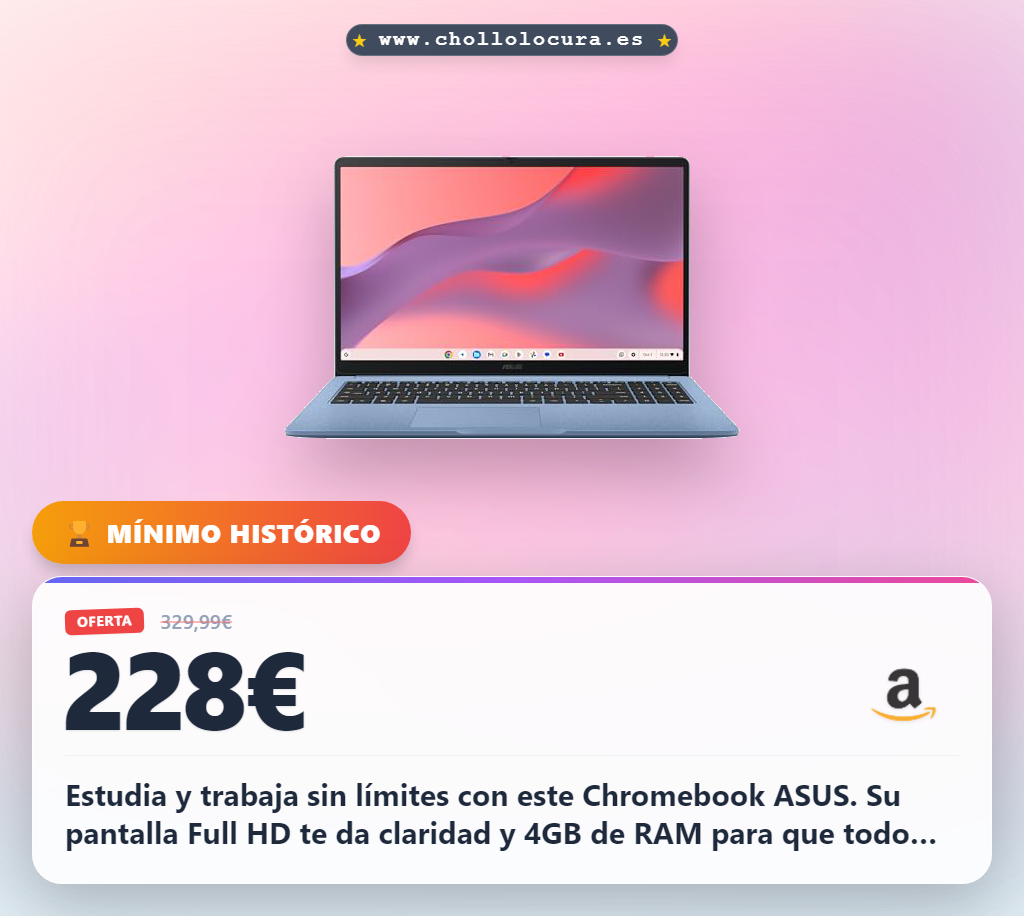 Consigue el Chromebook ASUS 15.6" Full HD con 4GB RAM y ChromeOS. Perfecto para estudiar y trabajar.