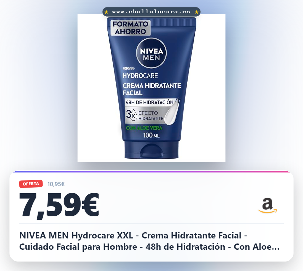 NIVEA MEN Hydrocare XXL - Crema Hidratante Facial - Cuidado Facial para Hombre - 48h de Hidratación - Con Aloe Vera y Provitamina B5-3x Efecto Hidratante - Todo Tipo de Piel - 100 ml