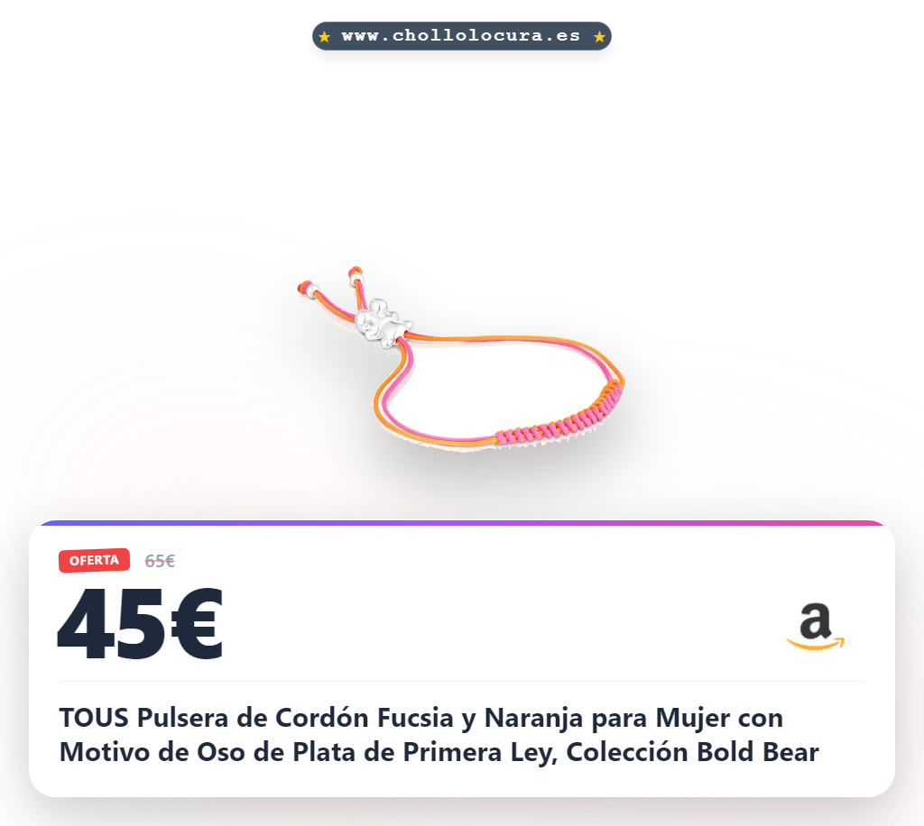 TOUS Pulsera de Cordón Fucsia y Naranja para Mujer con Motivo de Oso de Plata de Primera Ley, Colección Bold Bear