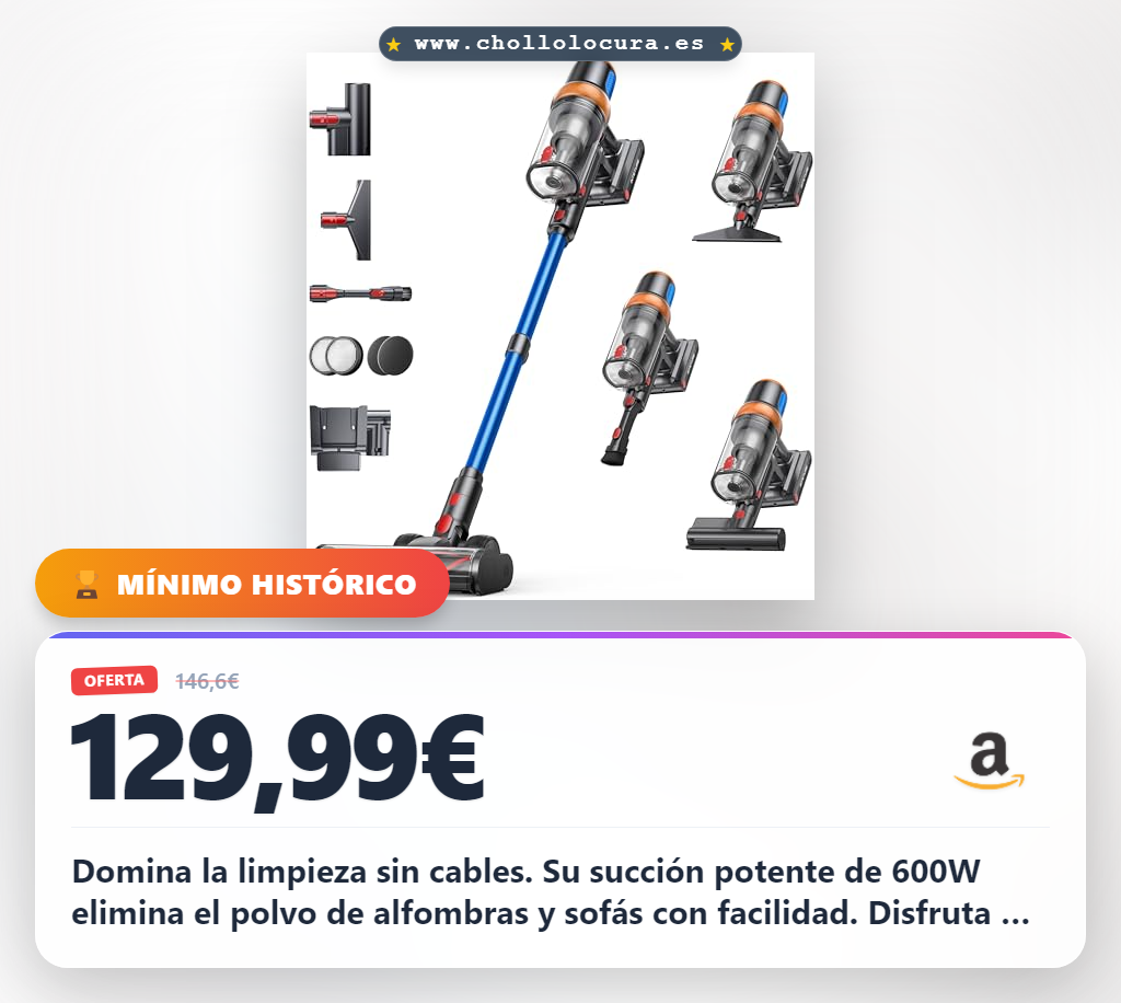 Obtén la aspiradora vertical sin cable de 600W con succión 50KPa y cepillo anti-enredos en oferta histórica para tu hogar y mascotas.