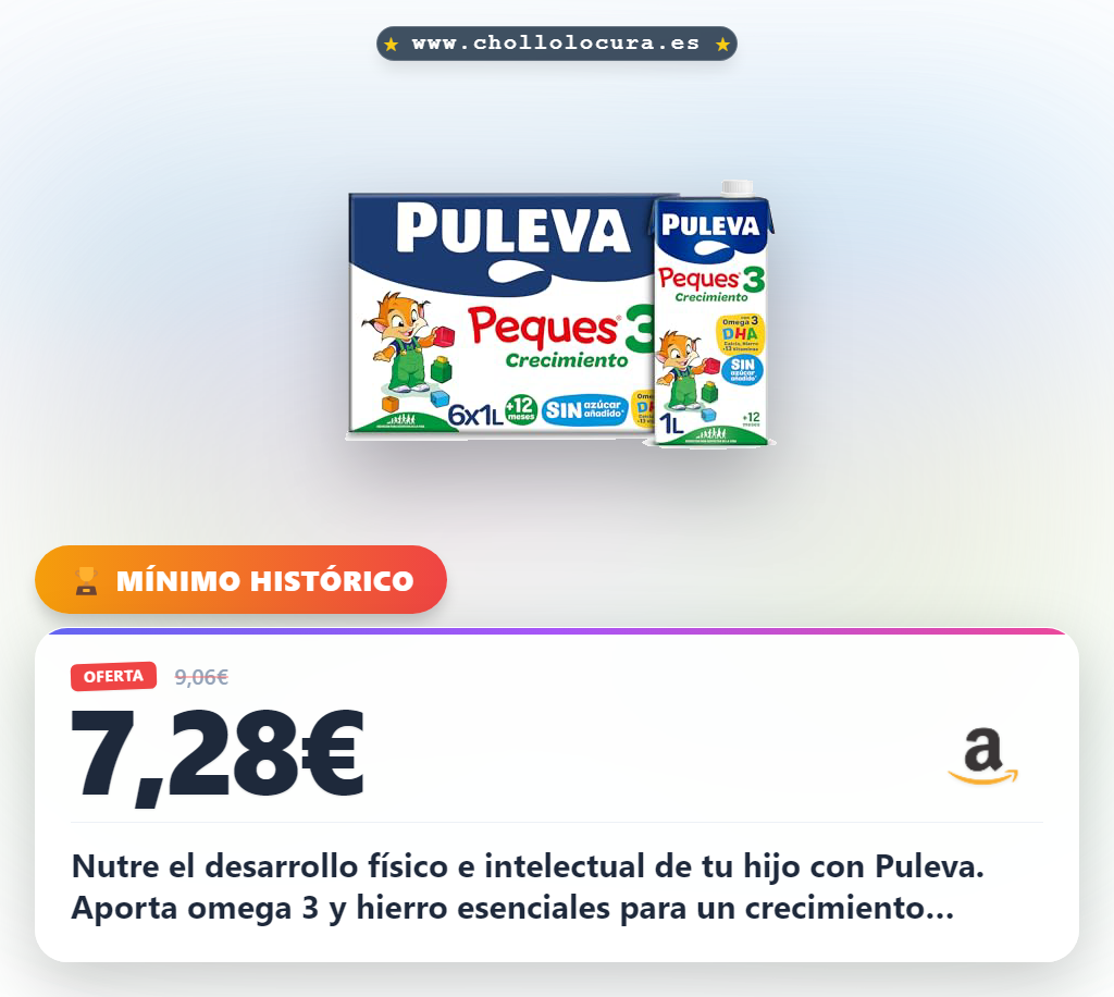 Llévate el pack de 6 leches de crecimiento Puleva sin azúcar con Omega 3 y hierro a precio de chollo para tu bebé +12 meses.