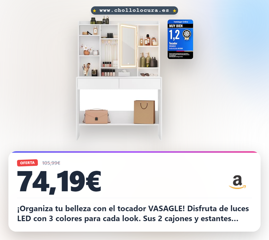 Encuentra el tocador VASAGLE con luces LED y espejos ajustables para un look moderno en oferta histórica