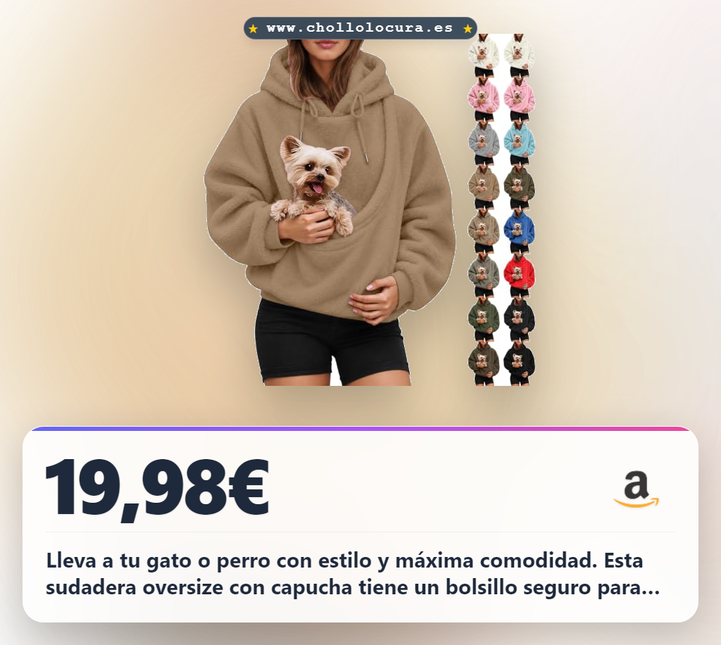Consigue sudadera porta gatos oversize para mujer con capucha y bolsillo de borreguito.