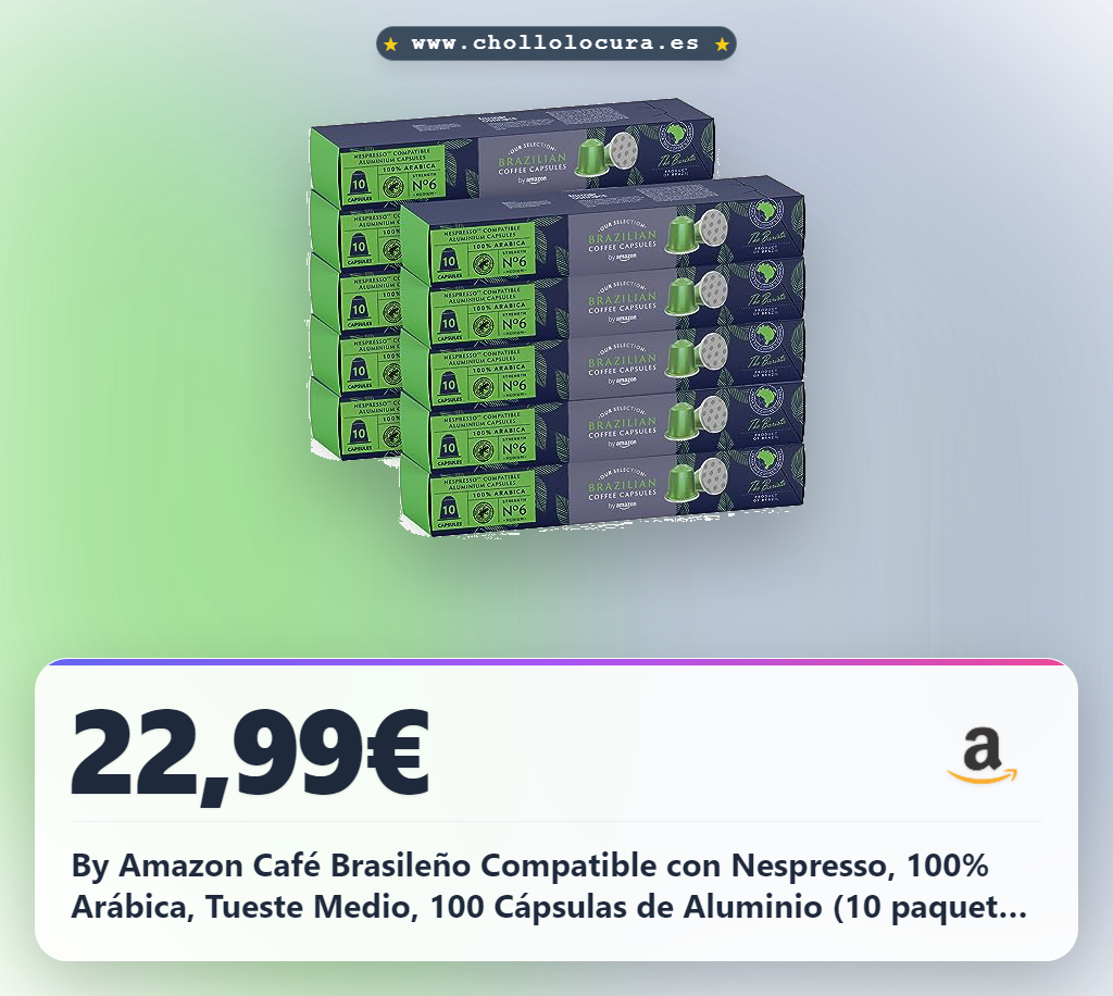 By Amazon Café Brasileño Compatible con Nespresso, 100% Arábica, Tueste Medio, 100 Cápsulas de Aluminio (10 paquetes de 10), Con Certificación Rainforest Alliance