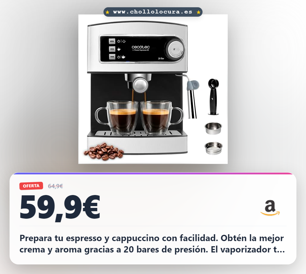 Aprovecha la cafetera espresso Cecotec Express 20 Elite con vaporizador a precio de chollo y acero inoxidable