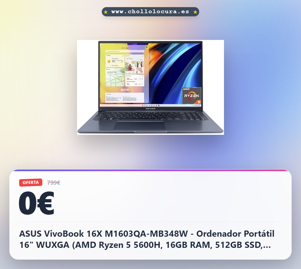 ASUS VivoBook 16X M1603QA-MB348W - Ordenador Portátil 16" WUXGA (AMD Ryzen 5 5600H, 16GB RAM, 512GB SSD, Radeon Graphics, Windows 11 Home) Azul Tranquilo - Teclado QWERTY español