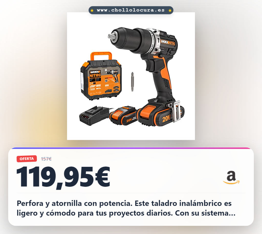 Consigue el taladro percutor inalámbrico Worx 20V con motor sin escobillas y Power Share al mejor precio
