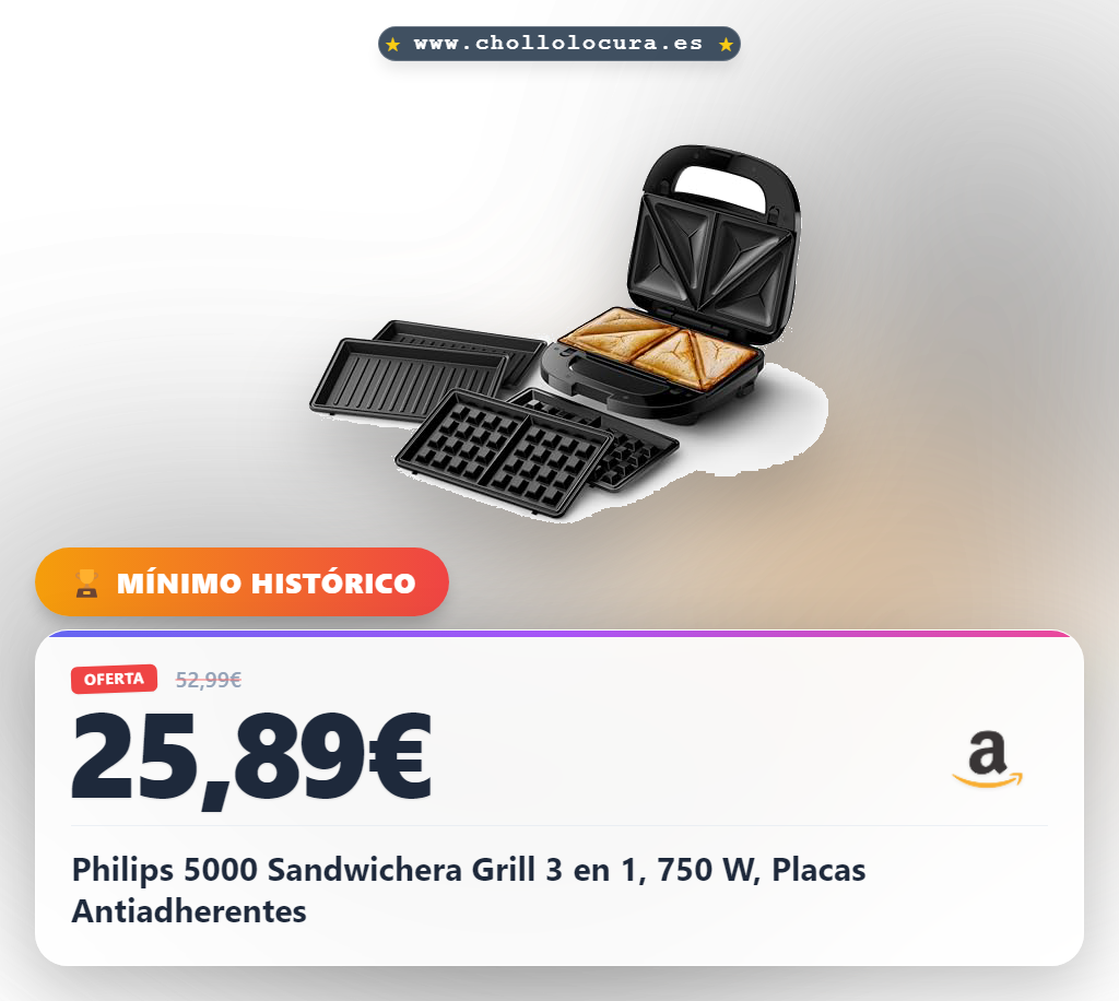 Philips 5000 Sandwichera Grill 3 en 1, 750 W, Placas Antiadherentes