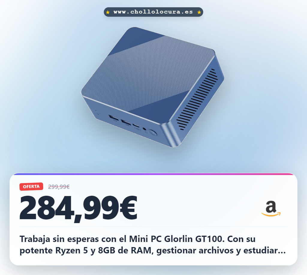 Aprovecha el Mini PC Glorlin GT100 con Ryzen 5 y 8GB RAM. Configuración perfecta para oficina y estudio con Win-11 Pro.