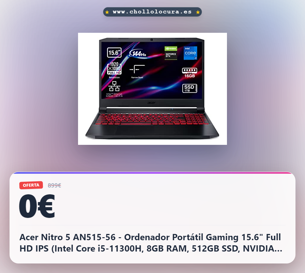 Acer Nitro 5 AN515-56 - Ordenador Portátil Gaming 15.6" Full HD IPS (Intel Core i5-11300H, 8GB RAM, 512GB SSD, NVIDIA GeForce GTX 1650, Windows 10) Color Negro - Teclado QWERTY Español