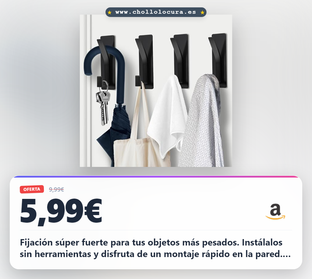 Consigue ganchos adhesivos dobles resistentes para pared de 6 kg. Colgadores para toallas y utensilios en baño y cocina.