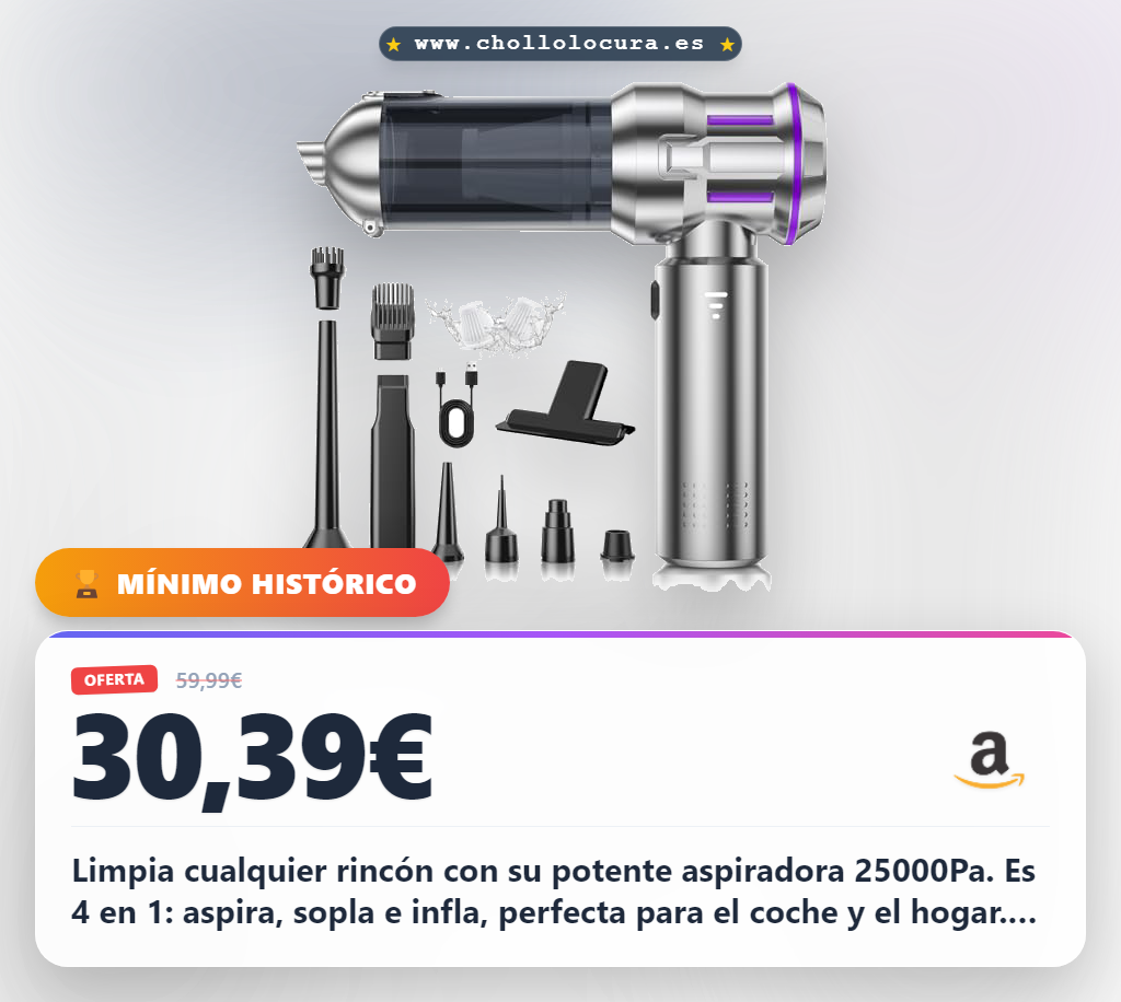 Logra una limpieza profunda con esta aspiradora sin cable 25000Pa para coche y hogar a precio de chollo al mejor precio del año.