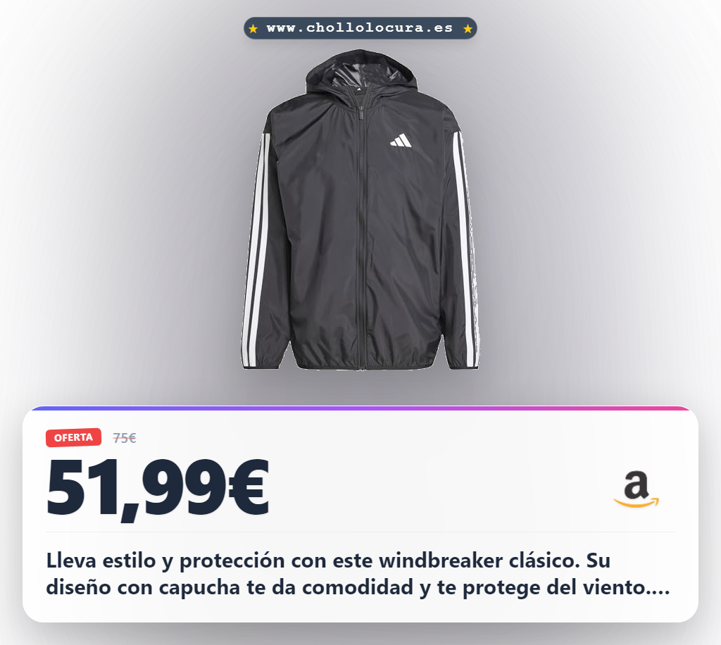 Aprovecha la chaqueta adidas hombre Essential Three Stripes Windbreaker negra y blanca con capucha y material 100% reciclado al mejor precio