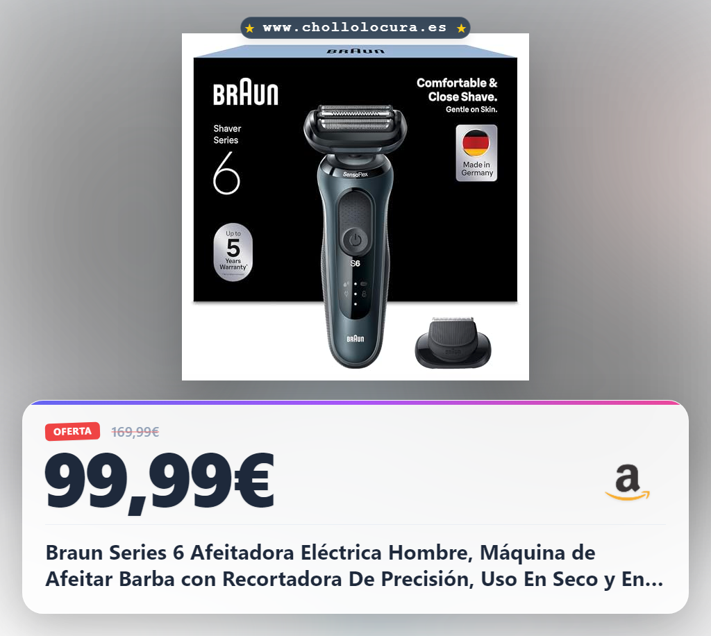 Braun Series 6 Afeitadora Eléctrica Hombre, Máquina de Afeitar Barba con Recortadora De Precisión, Uso En Seco y En Mojado, Recargable, Inalámbrica, 50 Min De Autonomía, 61-N1200s, Gris