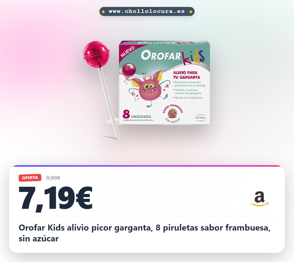 Orofar Kids alivio picor garganta, 8 piruletas sabor frambuesa, sin azúcar