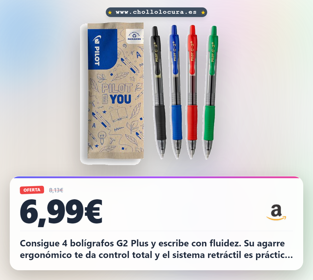 Aprovecha la caja de 4 bolígrafos Pilot G2 Plus recargables con tinta de gel y 31 colores.