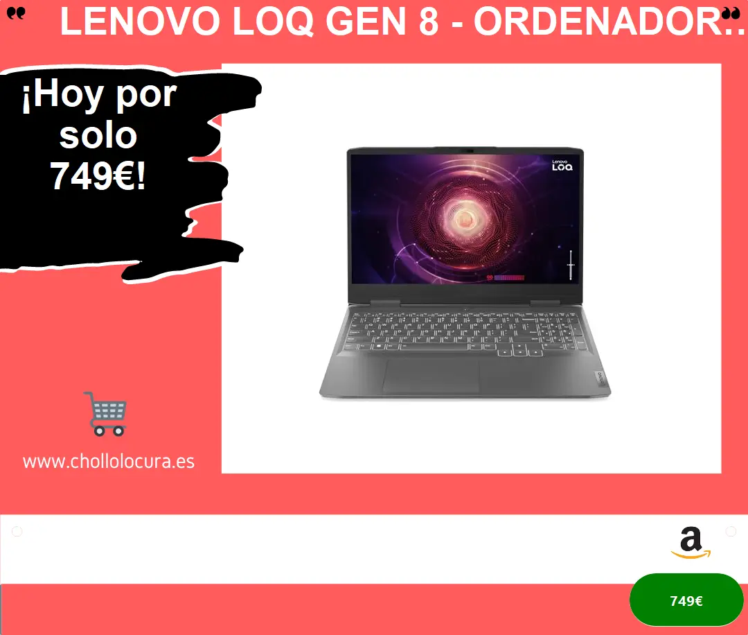 Lenovo LOQ Gen 8 - Ordenador Portátil Gaming 15.6" FHD (AMD Ryzen 7 7840HS, 16 GB RAM, 512 GB SSD, NVIDIA GeForce RTX 4050 6 GB, 144Hz, Wi-Fi 6, Sin Sistema Operativo) Gris - Teclado QWERTY Español