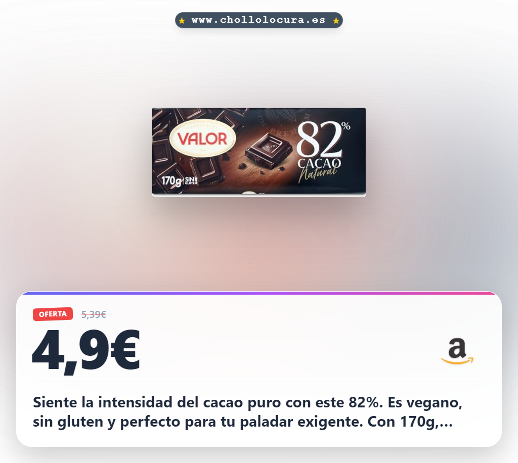 Aprovecha el chocolate negro Valor 82% cacao 170g. Obtén intensidad máxima y sabor puro a precio de chollo.