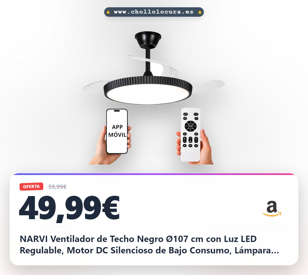 NARVI Ventilador de Techo Negro Ø107 cm con Luz LED Regulable, Motor DC Silencioso de Bajo Consumo, Lámpara Ventilador con Mando a Distancia, 3 Aspas Retráctiles, MANHATTAN 8996 BK
