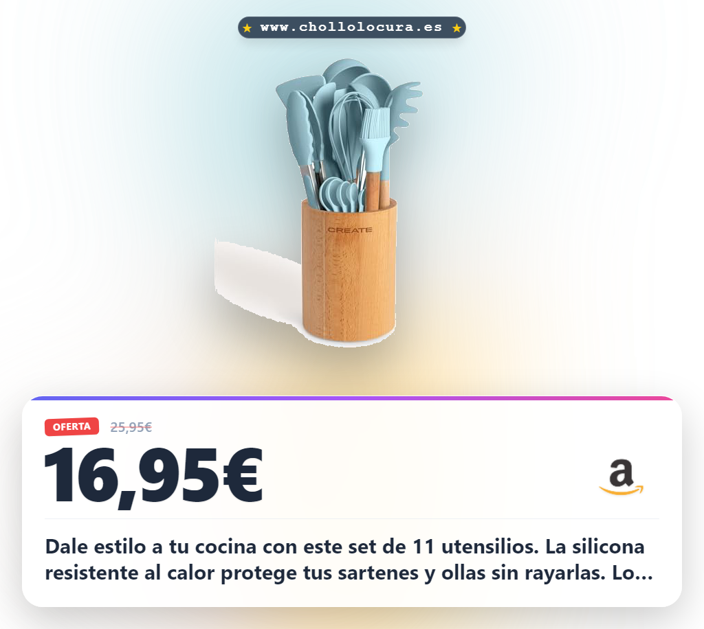 Consigue el set de 11 utensilios de silicona y madera para cocinar resistente al calor al mejor precio