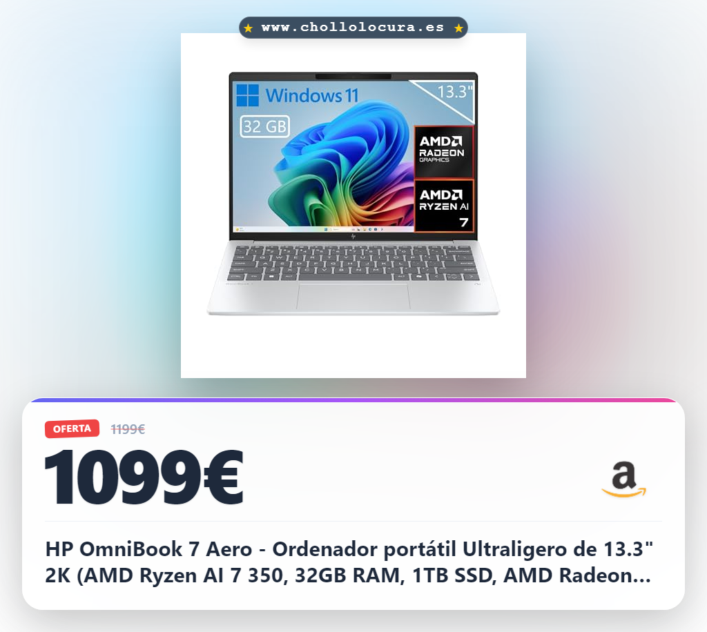 HP OmniBook 7 Aero - Ordenador portátil Ultraligero de 13.3" 2K (AMD Ryzen AI 7 350, 32GB RAM, 1TB SSD, AMD Radeon 860M, Windows 11) Gris - Teclado QWERTY Español
