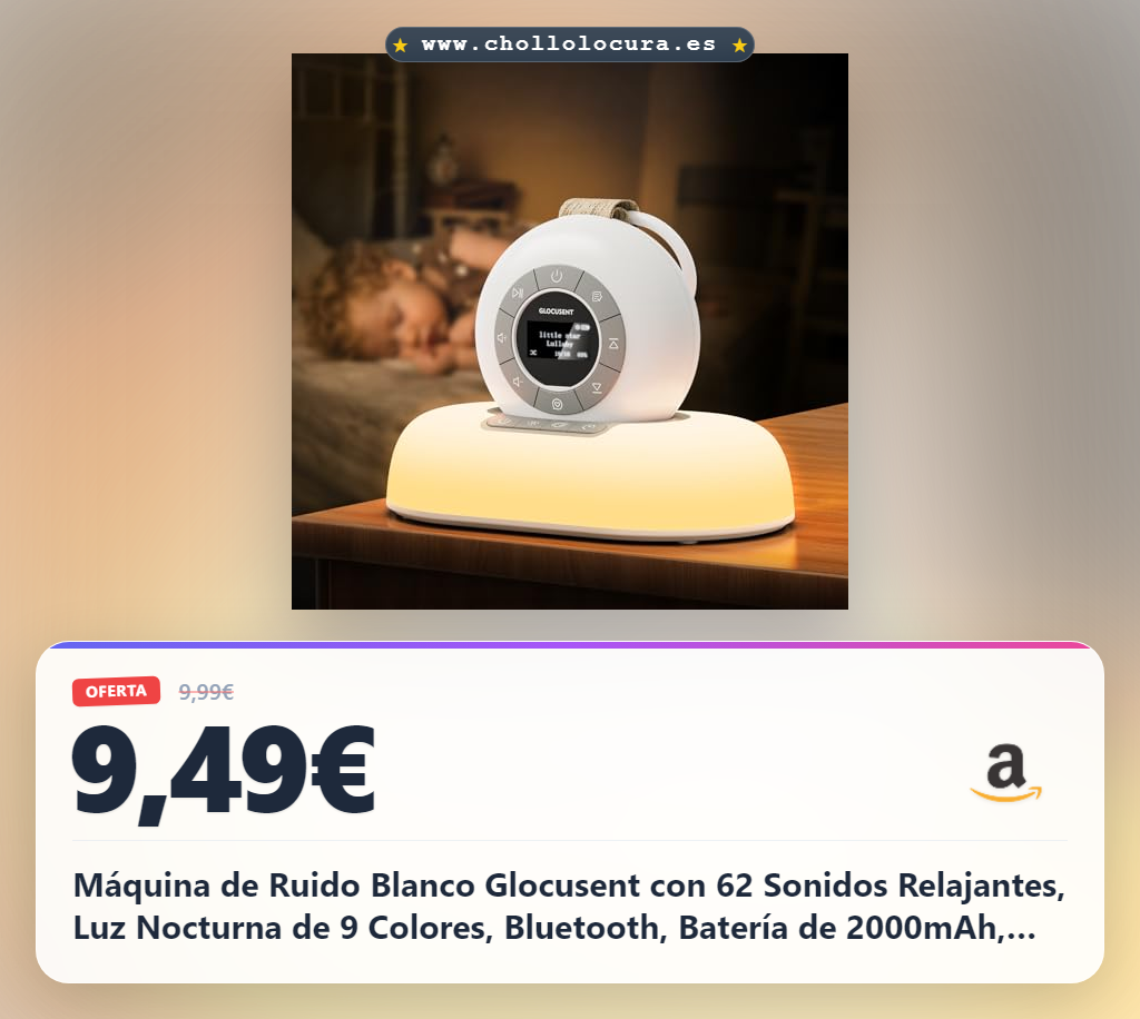 Máquina de Ruido Blanco Glocusent con 62 Sonidos Relajantes, Luz Nocturna de 9 Colores, Bluetooth, Batería de 2000mAh, Temporizador, Ideal para Bebés, Recién Nacidos y Adultos