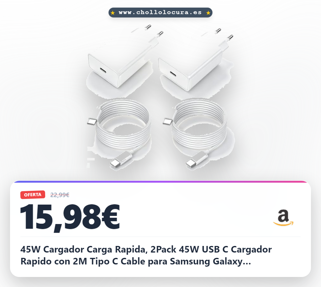 45W Cargador Carga Rapida, 2Pack 45W USB C Cargador Rapido con 2M Tipo C Cable para Samsung Galaxy S26/S25/S24/S23/S22/S21 Ultra