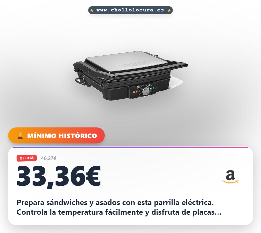 Aprovecha la parrilla eléctrica Amazon Basics 2000W con control de temperatura para sándwiches y hamburguesas en oferta