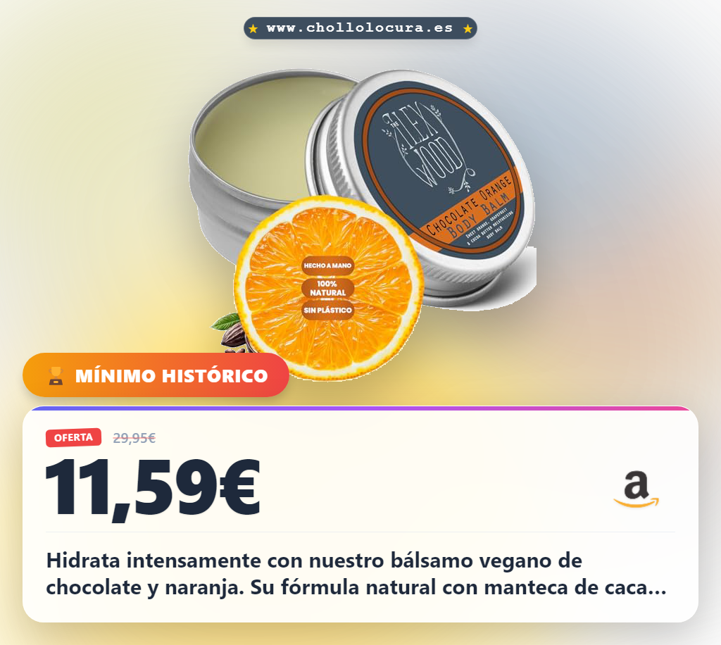 Aprovecha este bálsamo corporal vegano chocolate naranja 250ml. Hidratación intensa con manteca de cacao y karité a precio de chollo.