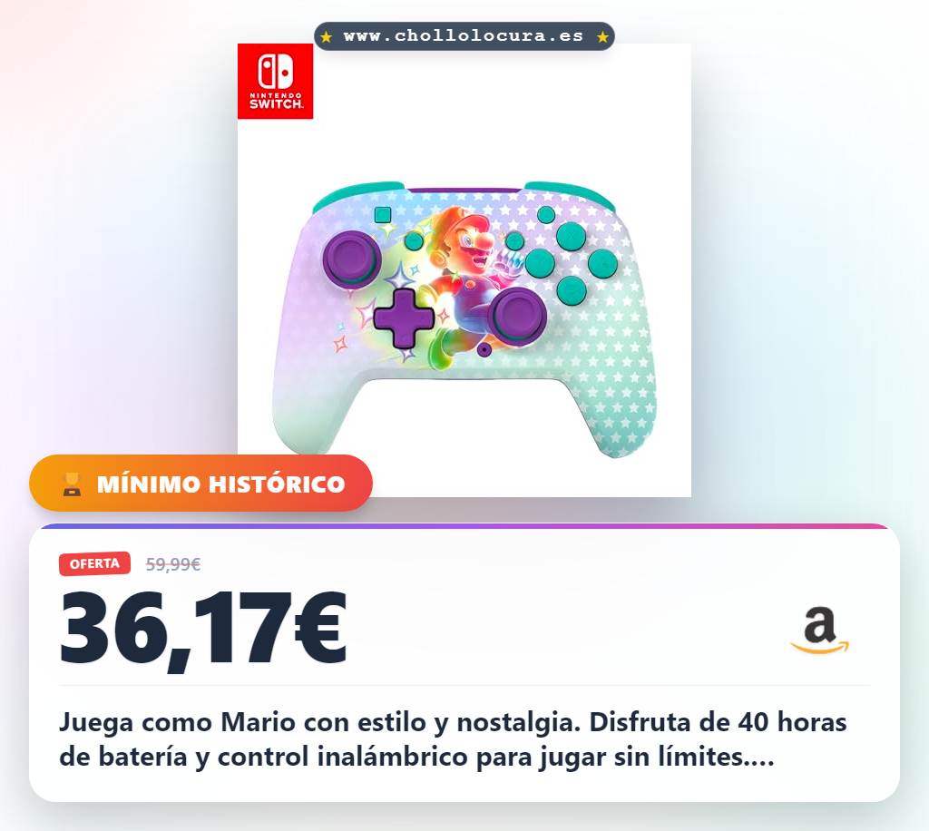 Consigue el mando Mario inalámbrico con licencia oficial de Nintendo para Switch 2 y OLED en oferta