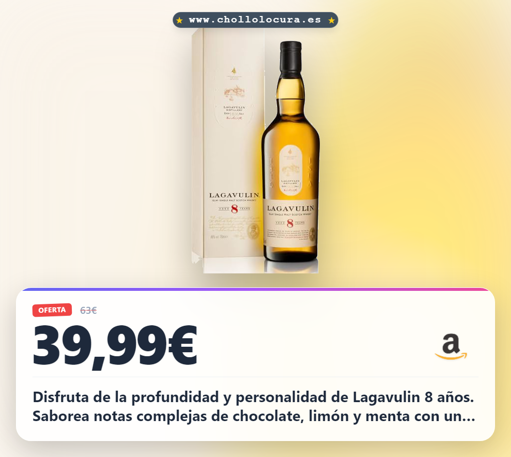 Disfruta el Lagavulin 8 años Whisky Escocés de gran personalidad a precio de chollo y en oferta histórica del año.