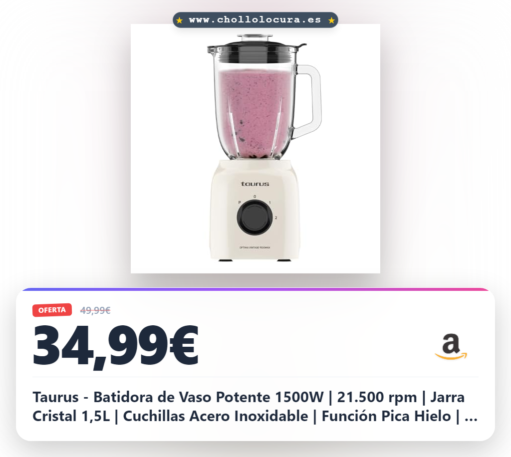 Taurus - Batidora de Vaso Potente 1500W | 21.500 rpm | Jarra Cristal 1,5L | Cuchillas Acero Inoxidable | Función Pica Hielo | 2 Velocidades + Turbo | Seguro | Diseño Vintage