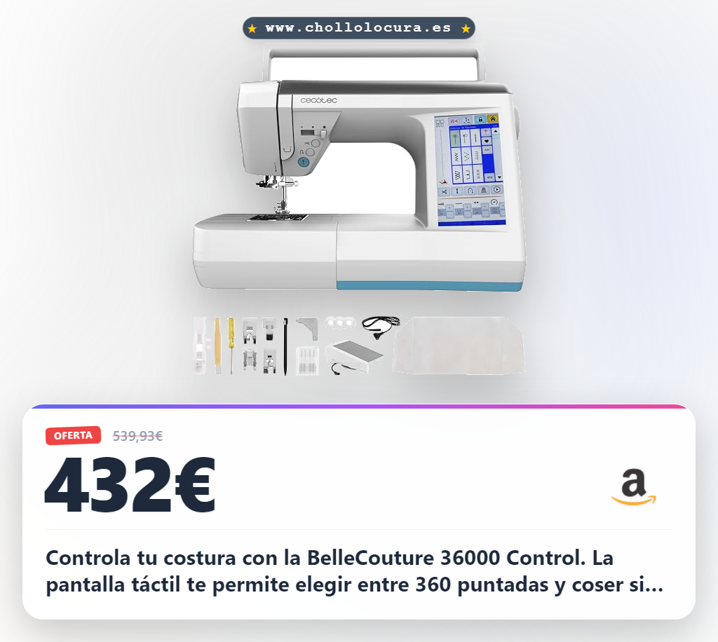 Descubre la Cecotec BelleCouture 3600 Control: máquina de coser digital con pantalla táctil, pedalfree y enhebrado automático.