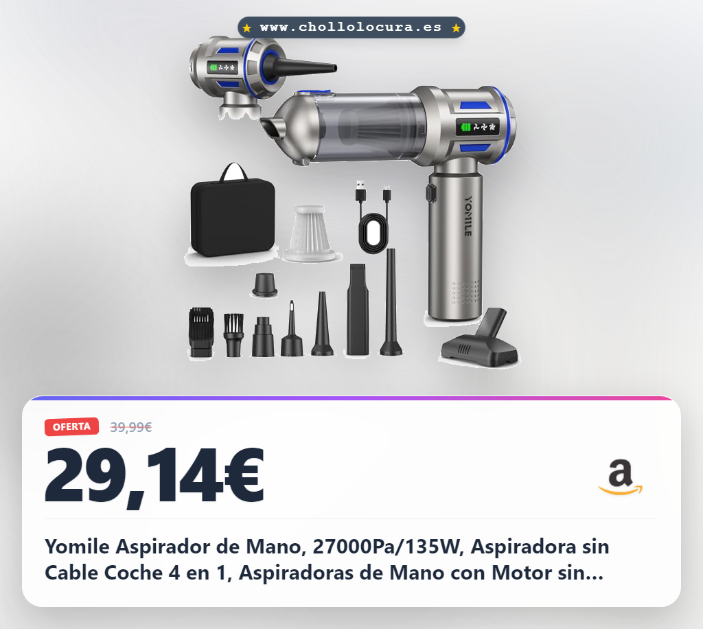 Yomile Aspirador de Mano, 27000Pa/135W, Aspiradora sin Cable Coche 4 en 1, Aspiradoras de Mano con Motor sin Escobillas de 250.000 RPM, para Coche/para Uso en la Oficina/la Cocina