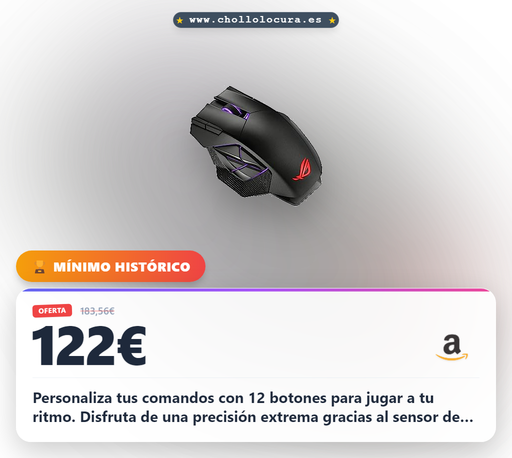 Obtén el ratón ASUS ROG Spatha X con 19000 ppi y 12 botones programables. Conexión sin latencia y 67 horas de batería al mejor precio.