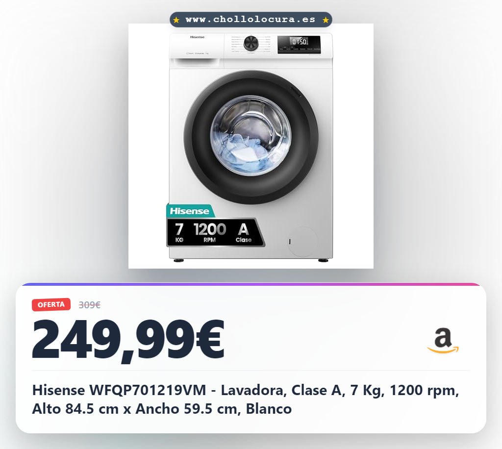 Hisense WFQP701219VM - Lavadora, Clase A, 7 Kg, 1200 rpm, Alto 84.5 cm x Ancho 59.5 cm, Blanco