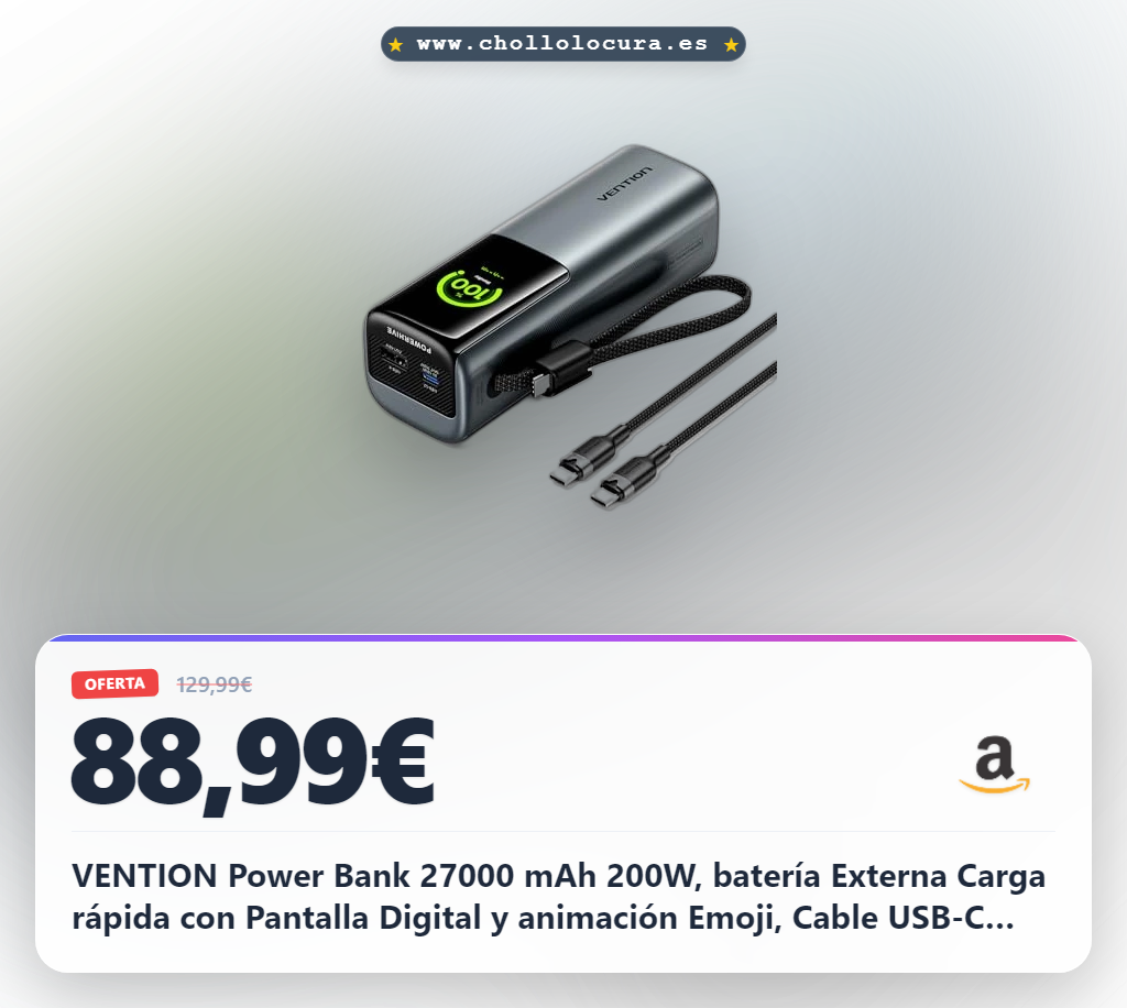 VENTION Power Bank 27000 mAh 200W, batería Externa Carga rápida con Pantalla Digital y animación Emoji, Cable USB-C Integrado, 2× USB-C + USB-A, para MacBook Pro, DELL/HP, iPhone 17/16/15, Galaxy