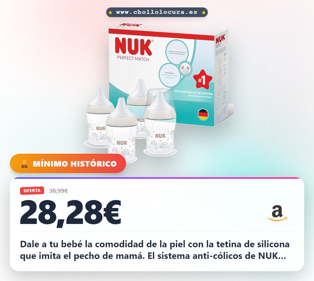 Dale a tu bebé la comodidad de la piel con la tetina de silicona que imita el pecho de mamá. El sistema anti-cólicos de NUK asegura una alimentación tranquila y sin burbujas. Menos estrés para ti y tu bebé, con la máxima aceptación de los bebés.