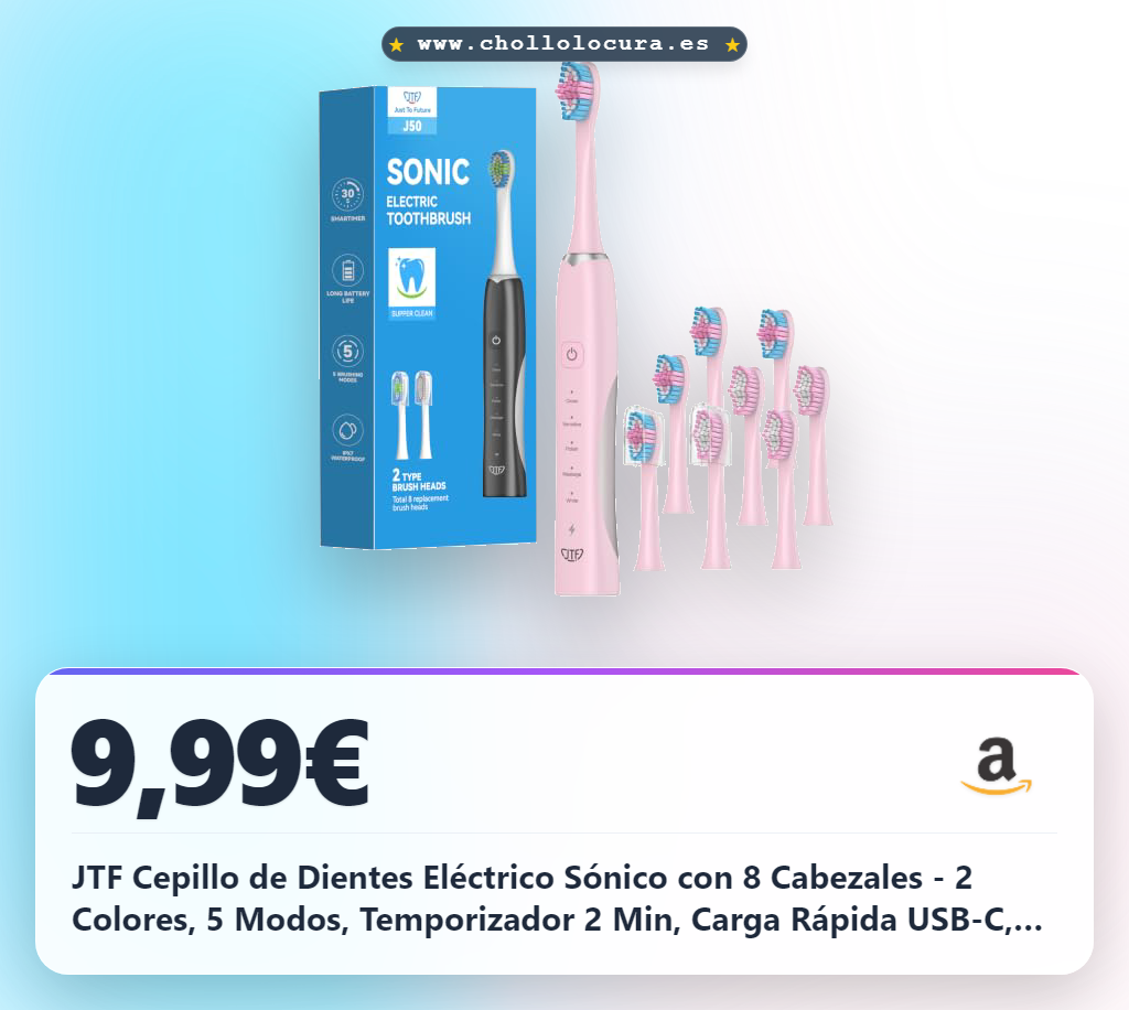 JTF Cepillo de Dientes Eléctrico Sónico con 8 Cabezales - 2 Colores, 5 Modos, Temporizador 2 Min, Carga Rápida USB-C, Limpiador de Lengua para Parejas y Familias, Adultos (Rosa)