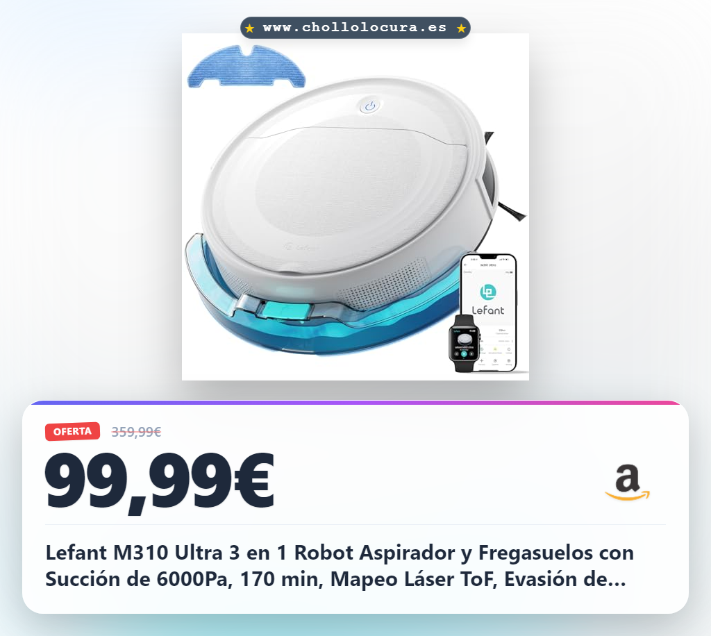 Lefant M310 Ultra 3 en 1 Robot Aspirador y Fregasuelos con Succión de 6000Pa, 170 min, Mapeo Láser ToF, Evasión de Obstáculos PSD de 190°, Reconocimiento de Alfombras, WiFi/App/Alexa, Blanco