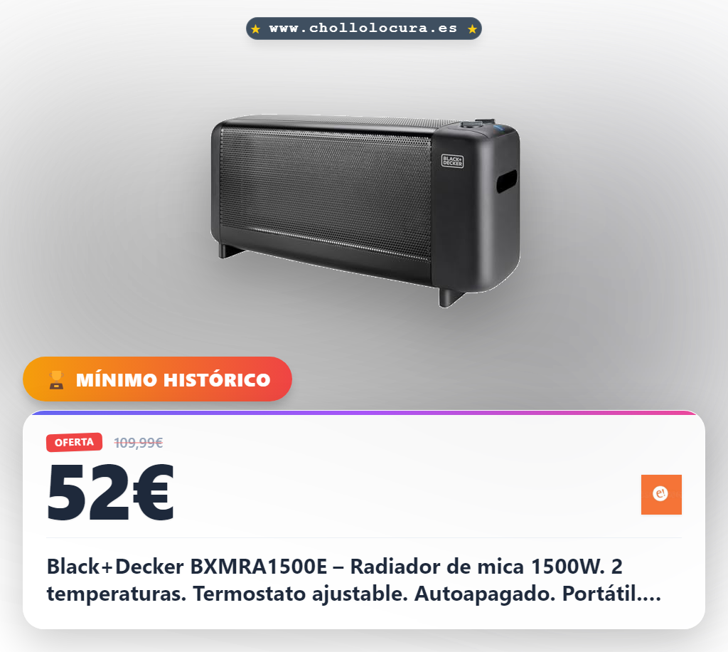 Black+Decker BXMRA1500E – Radiador de mica 1500W. 2 temperaturas. Termostato ajustable. Autoapagado. Portátil. Compacto.