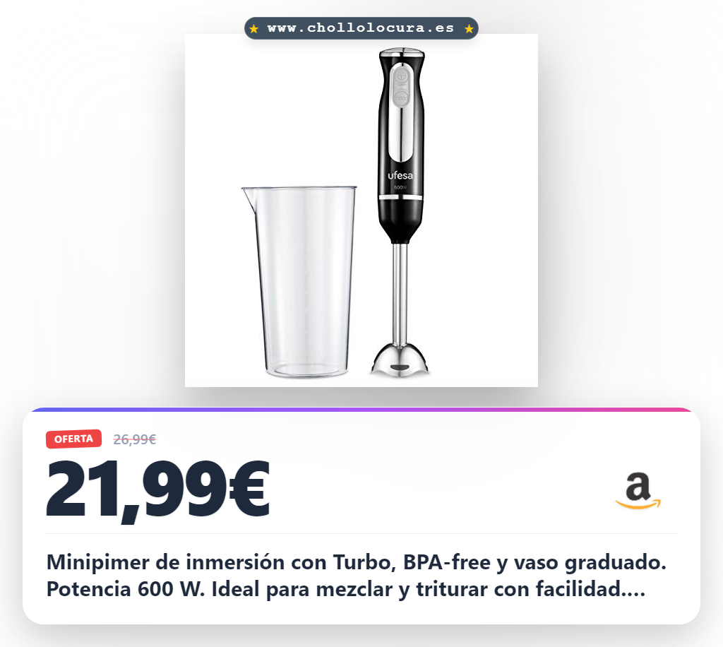 Ufesa BP3442 Classic - Batidora de mano, Potencia 600 W, Pie desmontable, Función Turbo, Vaso Graduado incluido, BPA Free