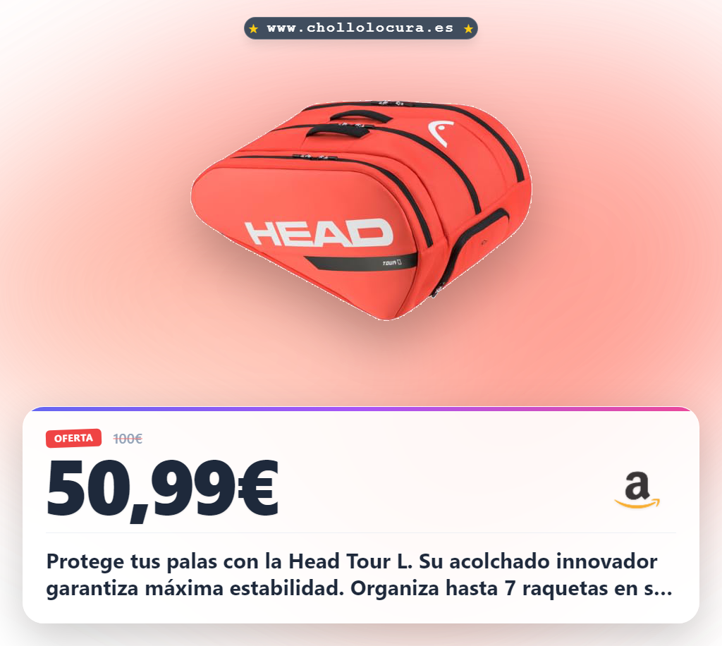 Encuentra la bolsa de pádel Head Tour L en naranja fluorescente con acolchado y control CCT+ al mejor precio.