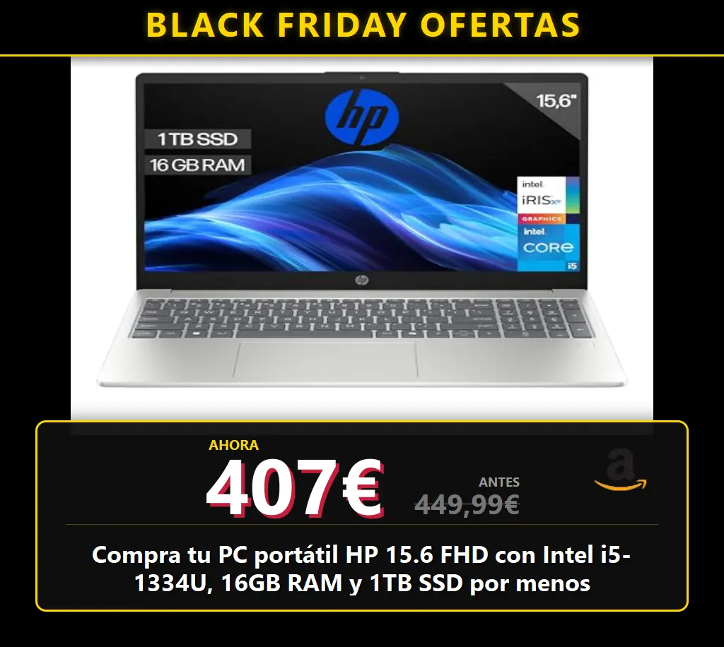 Compra tu PC portátil HP 15.6 FHD con Intel i5-1334U, 16GB RAM y 1TB SSD por menos