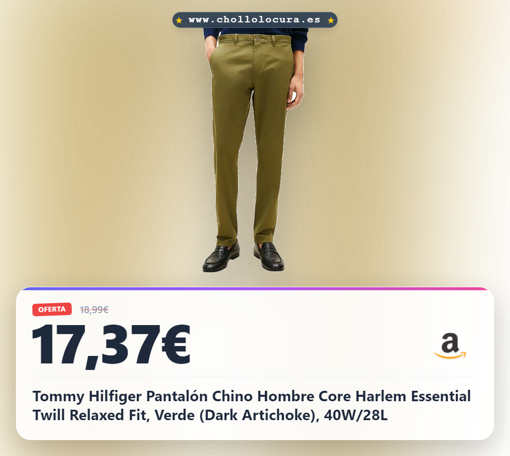 Tommy Hilfiger Pantalón Chino Hombre Core Harlem Essential Twill Relaxed Fit, Verde (Dark Artichoke), 40W/28L