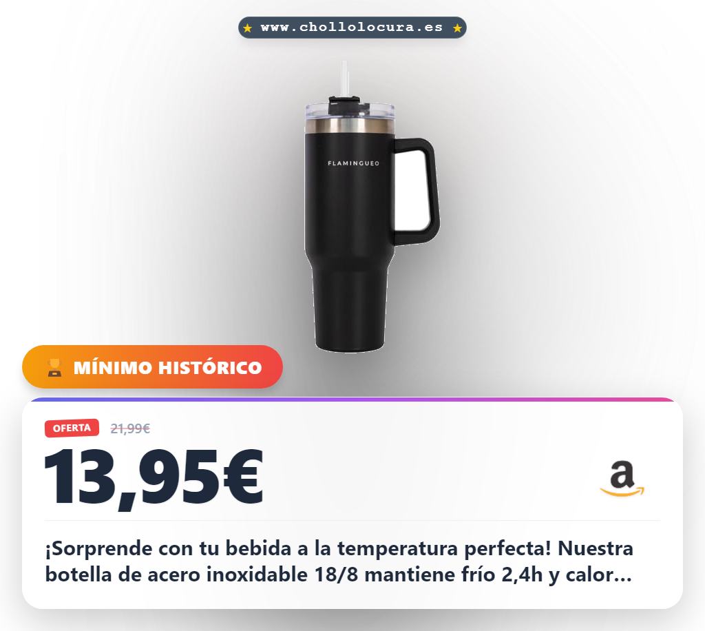 Flamingueo Termo 1,18L - Botella Agua Acero Inoxidable - Tumbler - Con Pajita y Asa - Bebidas Frías 24h y Calientes 10h - Vaso Termico - Negro