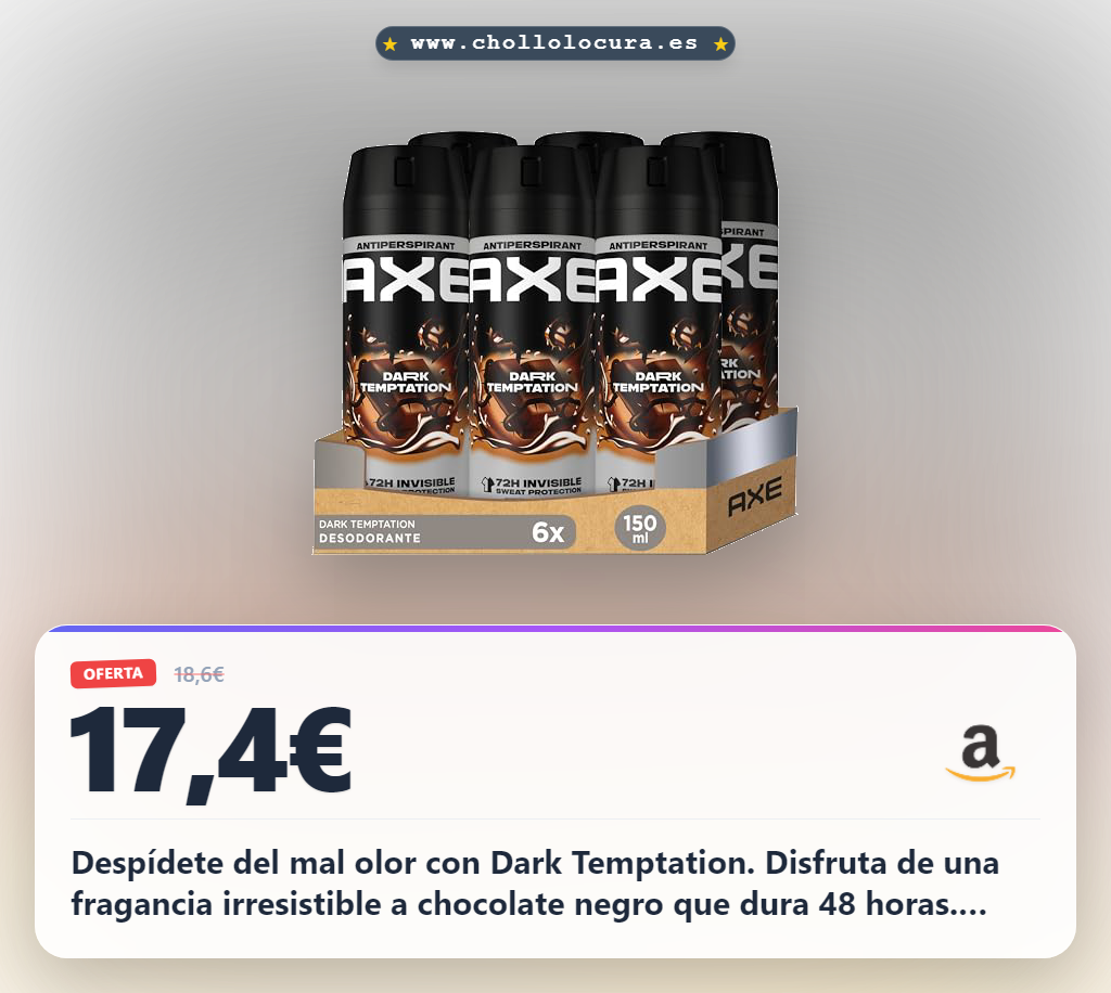 Aprovecha el Desodorante Axe Dark Temptation Pack de 6 con aroma a chocolate negro y fórmula sin aluminio