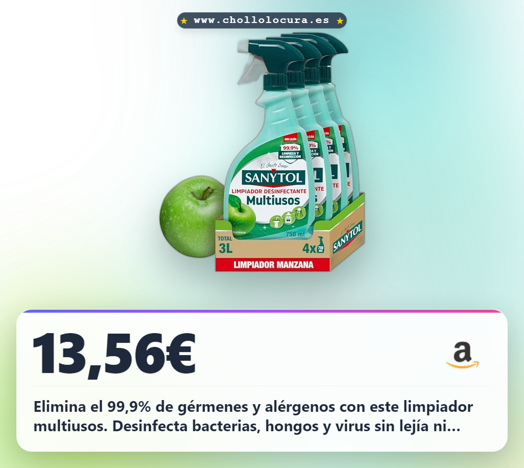 Aprovecha el limpiador desinfectante multiusos Sanytol con aroma a manzana y elimina gérmenes al 99,9%
