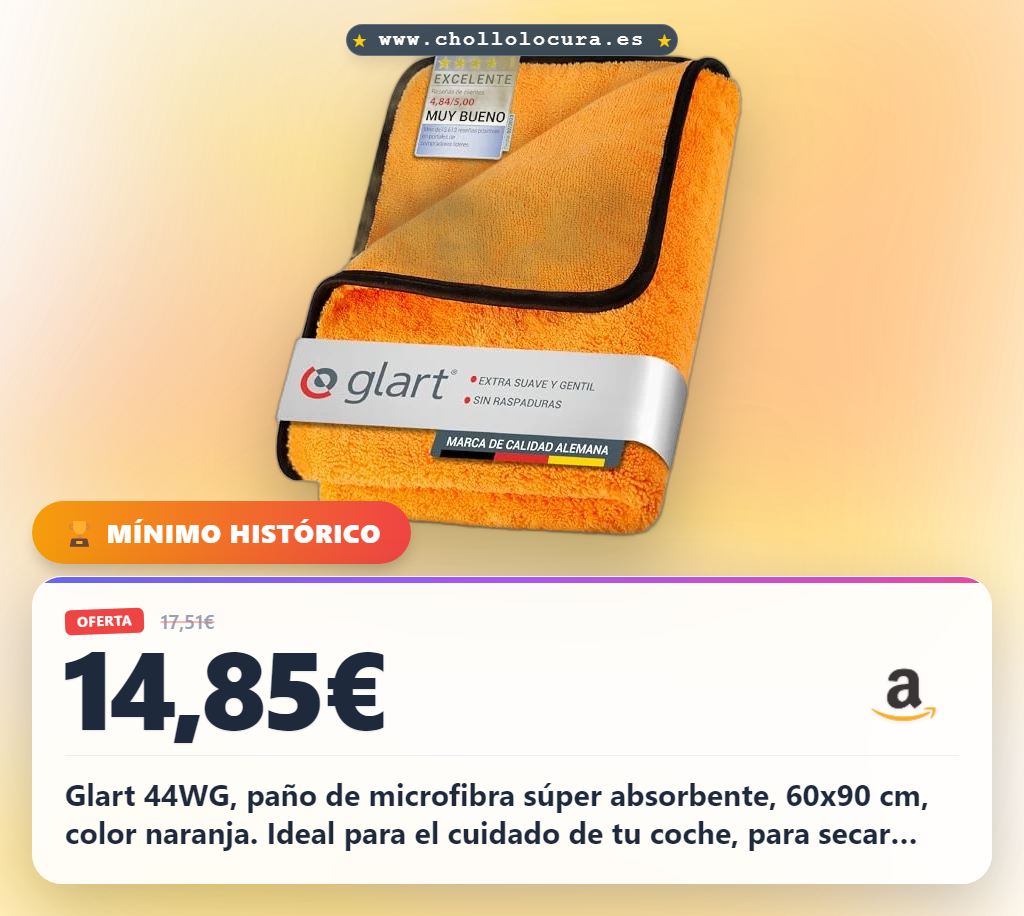 Glart 44WG, paño de microfibra súper absorbente, 60x90 cm, color naranja. Ideal para el cuidado de tu coche, para secar antes de pulir y después del uso de la escobilla para las llantas.
